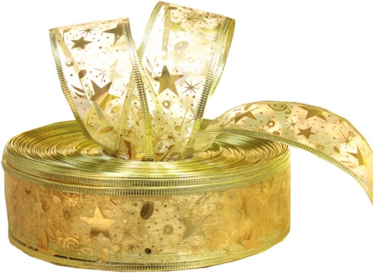 Gold Star Wired Sheer Ribbon Christmas Tree Decoration Christmas Gift Wrap Wreath DIY, 2 Inch by 100-Yard Spool